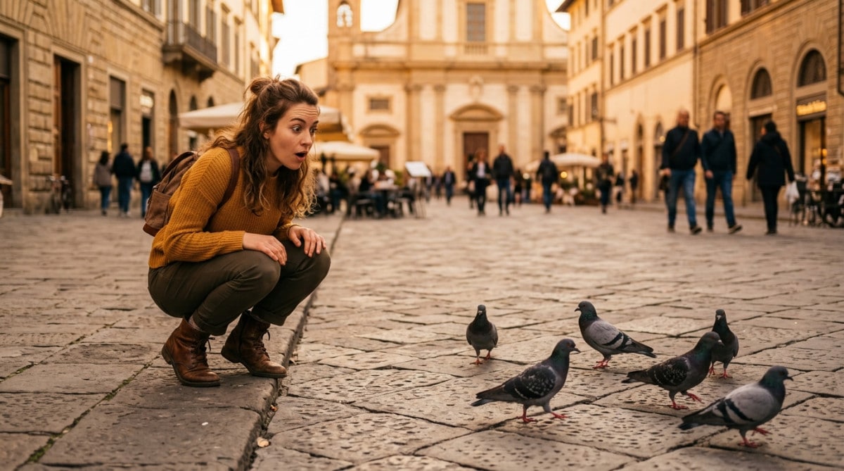 Personne observant des pigeons adultes sur une place