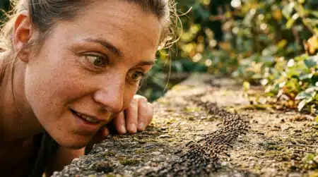 Personne observant une file de fourmis dans un jardin
