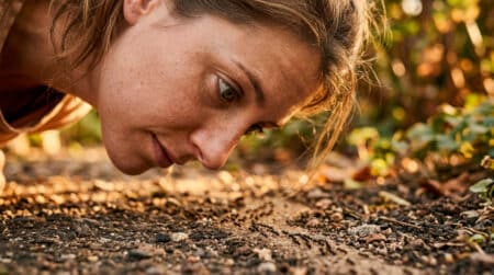 Personne observant une fourmi sur un chemin ensoleillé