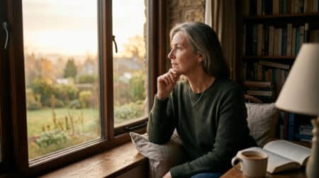 Personne pensive au lever du jour près d'une fenêtre