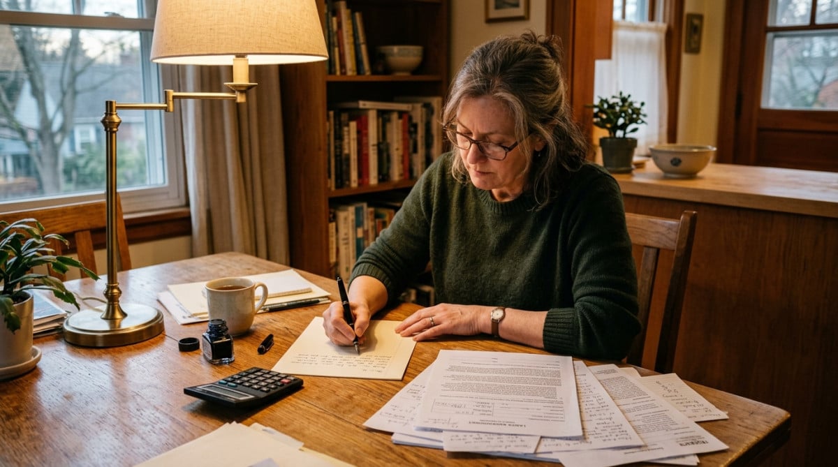 Personne rédigeant une lettre de réclamation à table