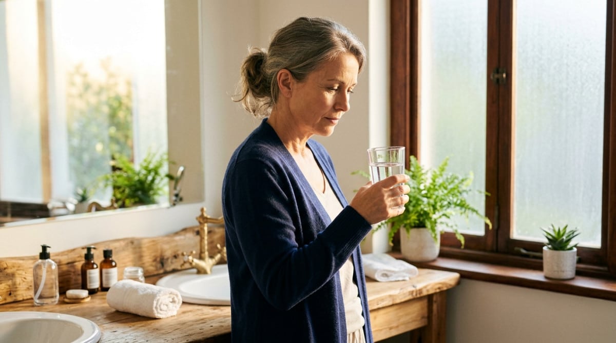 Personne réfléchissant devant un verre d'eau dans une salle de bain