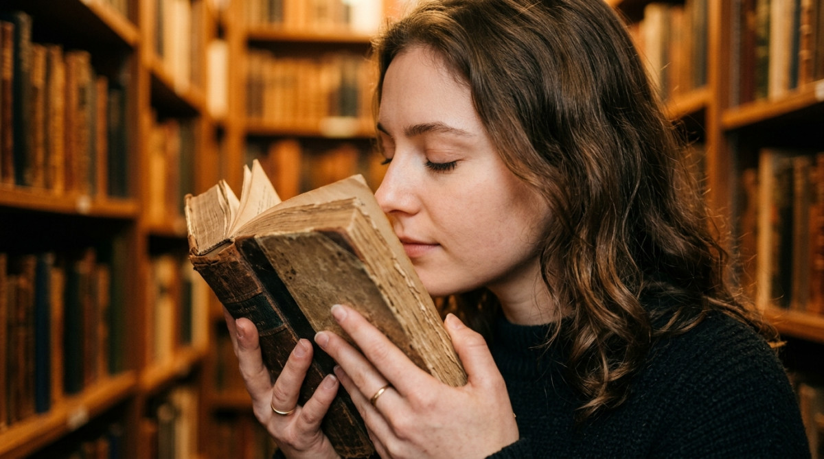 Personne sentant les pages d'un vieux livre