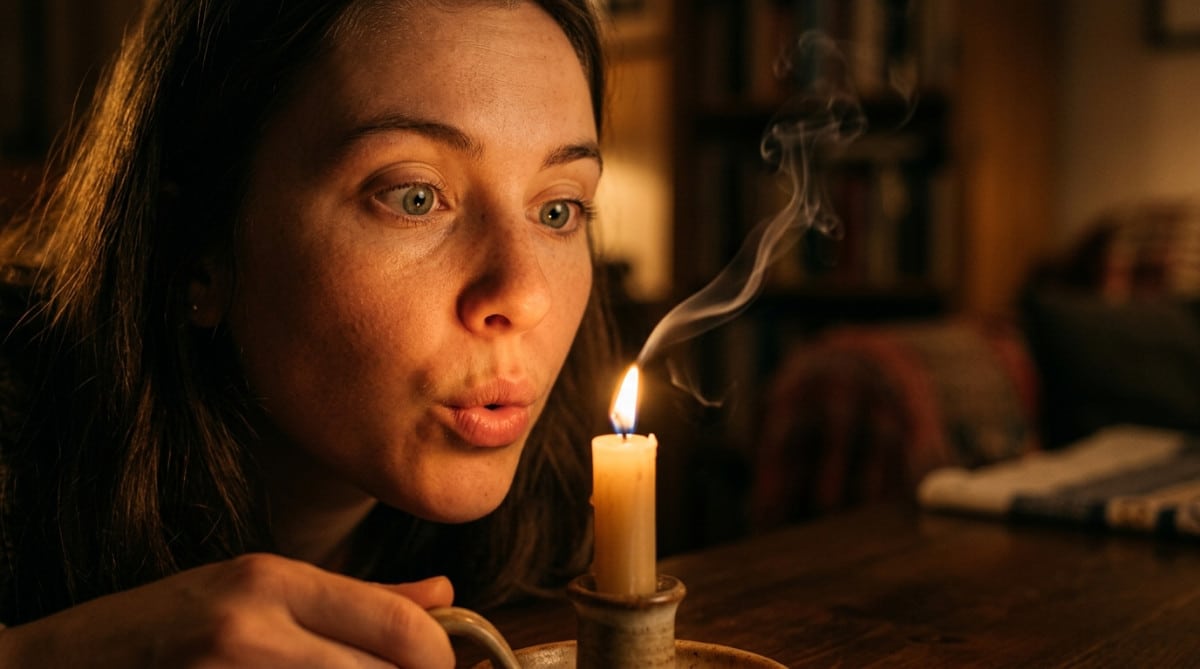 Personne soufflant une bougie avec fumée qui s'élève