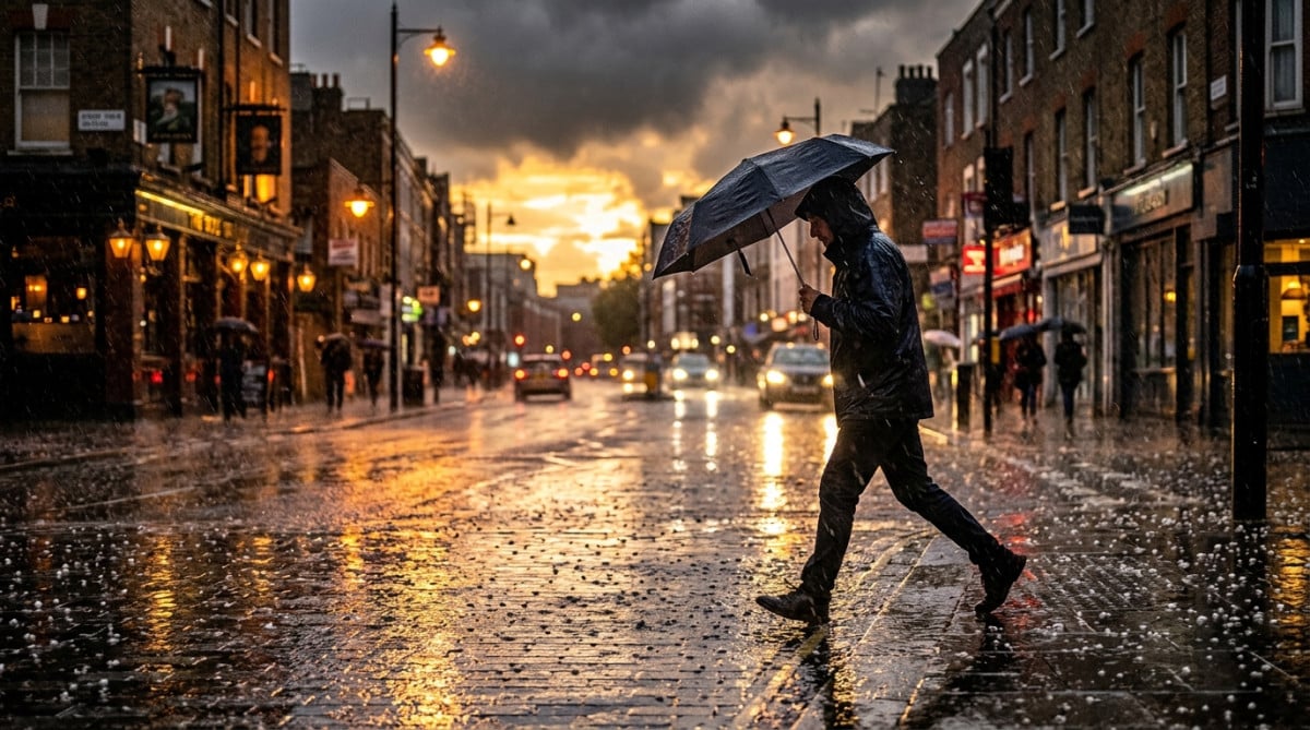 Personne sous la pluie pendant un orage de grêle