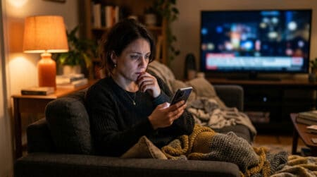 Personne stressée regardant son téléphone professionnel le soir