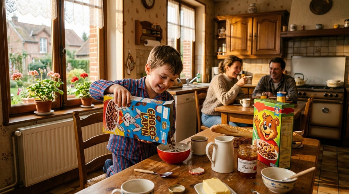 Petit-déjeuner familial avec céréales des années 1990