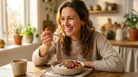 Femme souriante mangeant un bol de fromage frais et fruits