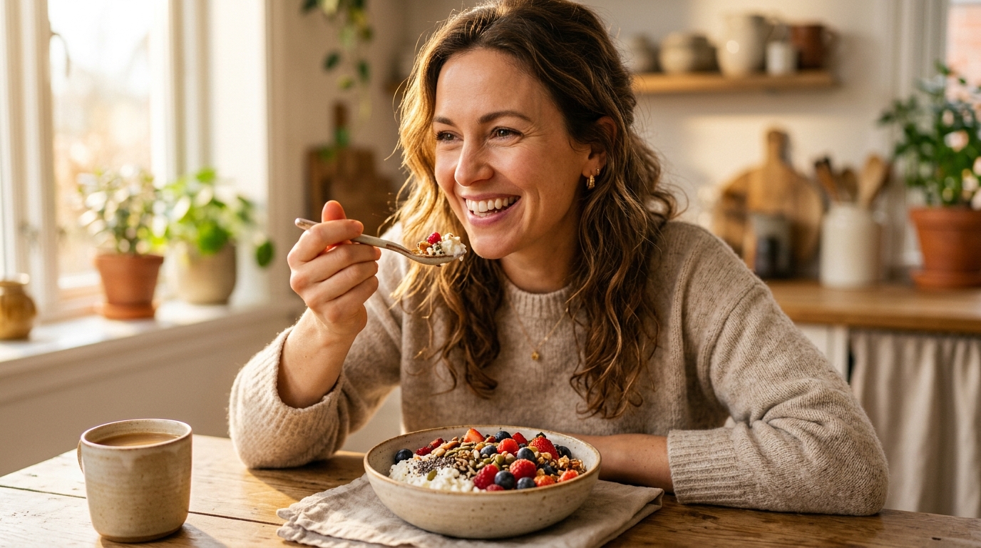 Femme souriante mangeant un bol de fromage frais et fruits