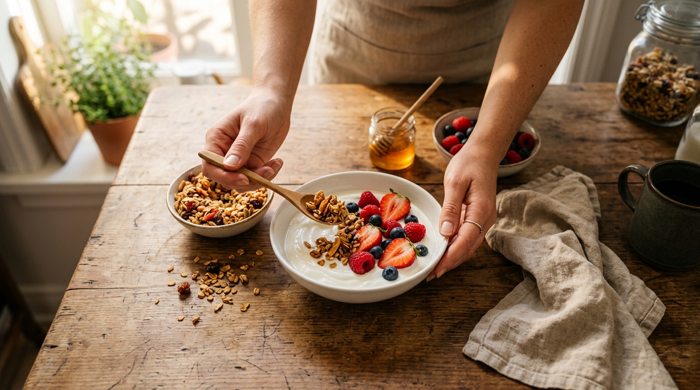 Bol de yaourt grec garni de fruits rouges et granola