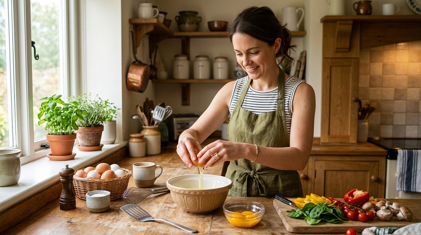 Femme séparant des blancs d'œufs dans une cuisine lumineuse