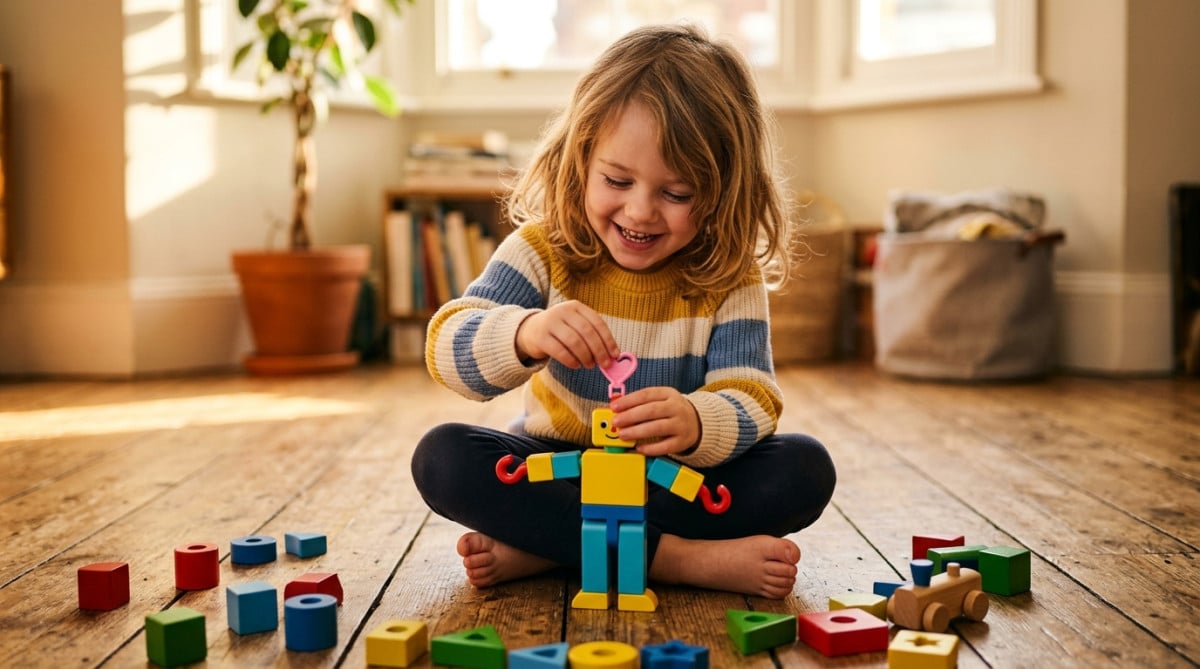 Petite fille jouant avec une figurine miniature souriante
