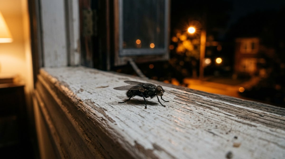 Petite mouche posée sur le rebord d'une fenêtre la nuit