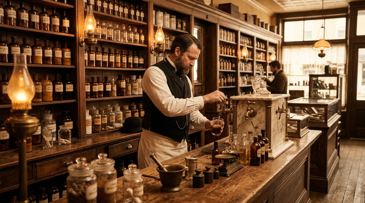 Pharmacie américaine du 19e siècle avec comptoir en bois