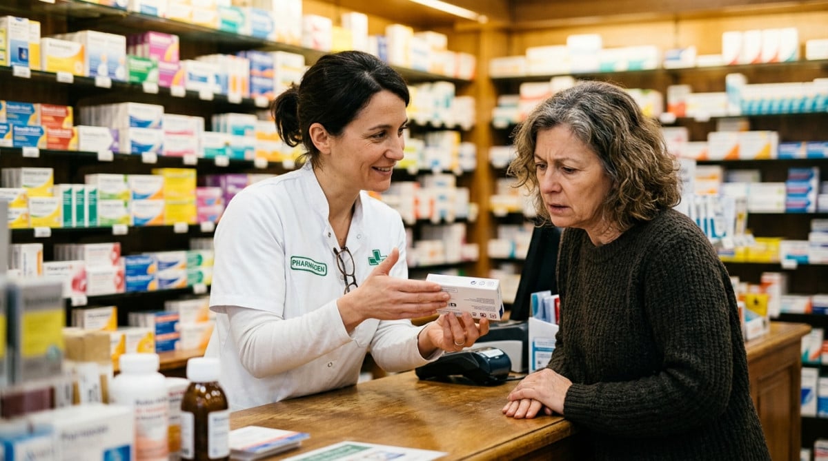 Pharmacien conseille une cliente au comptoir