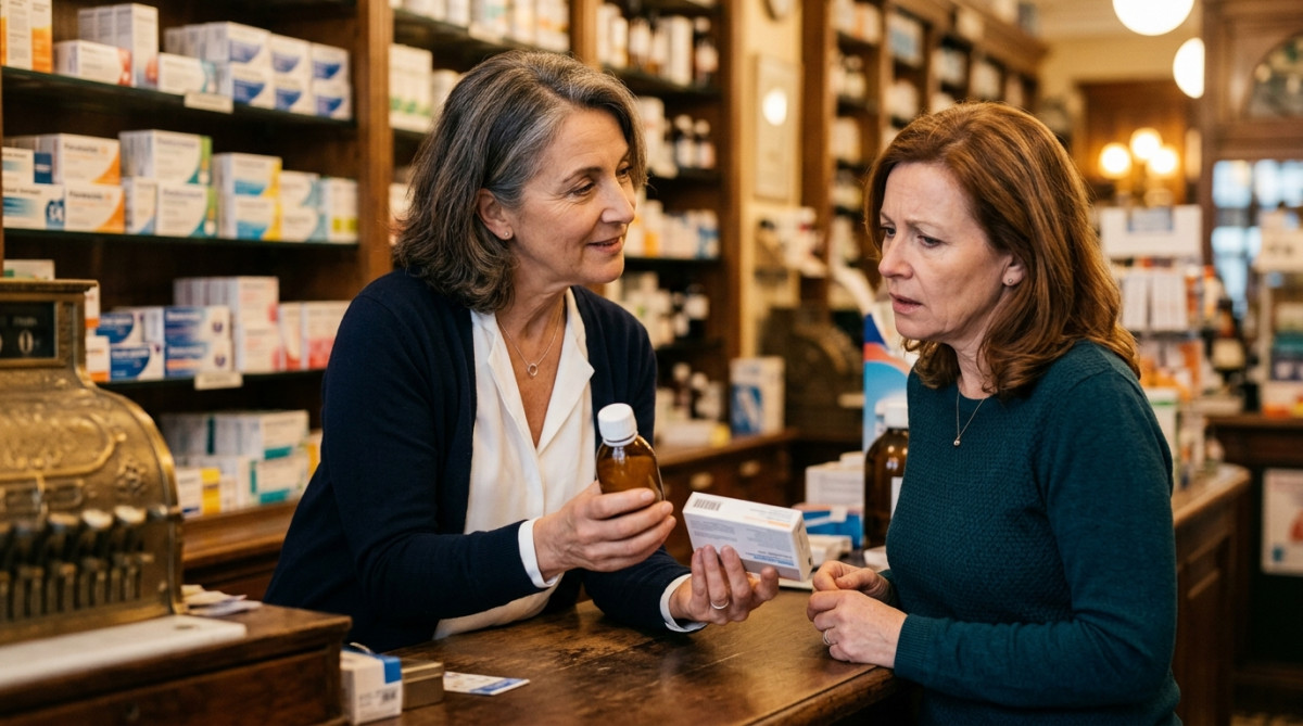 Pharmacien expliquant une délivrance sans ordonnance à un patient