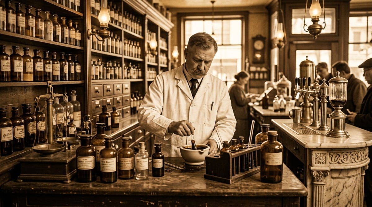 Pharmacien préparant le sirop original du Coca-Cola