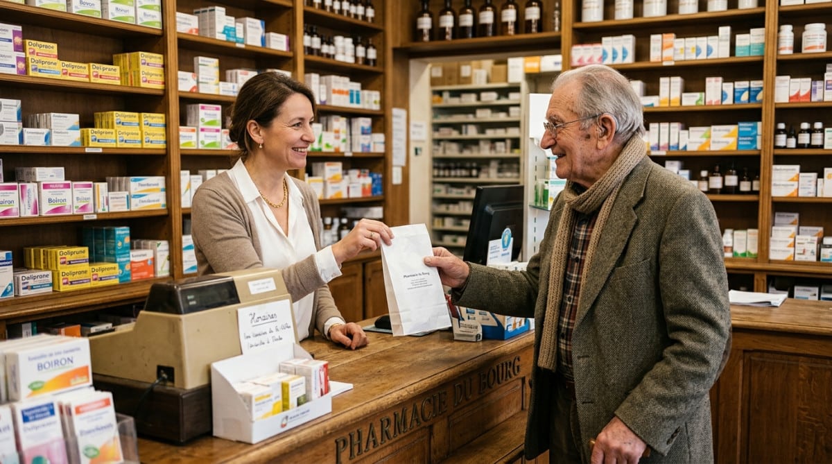 Pharmacien remettant des médicaments à un patient âgé