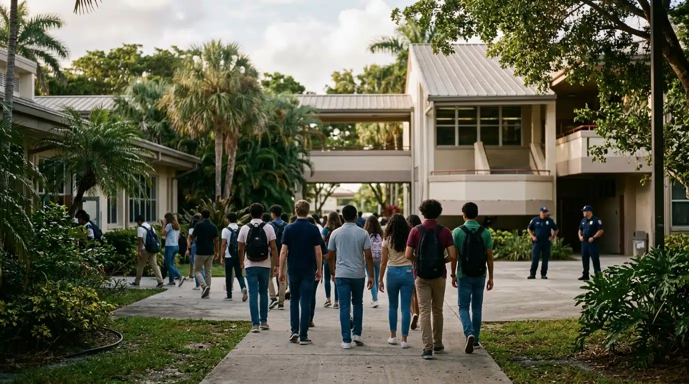 Élèves évacués devant un établissement scolaire sécurisé