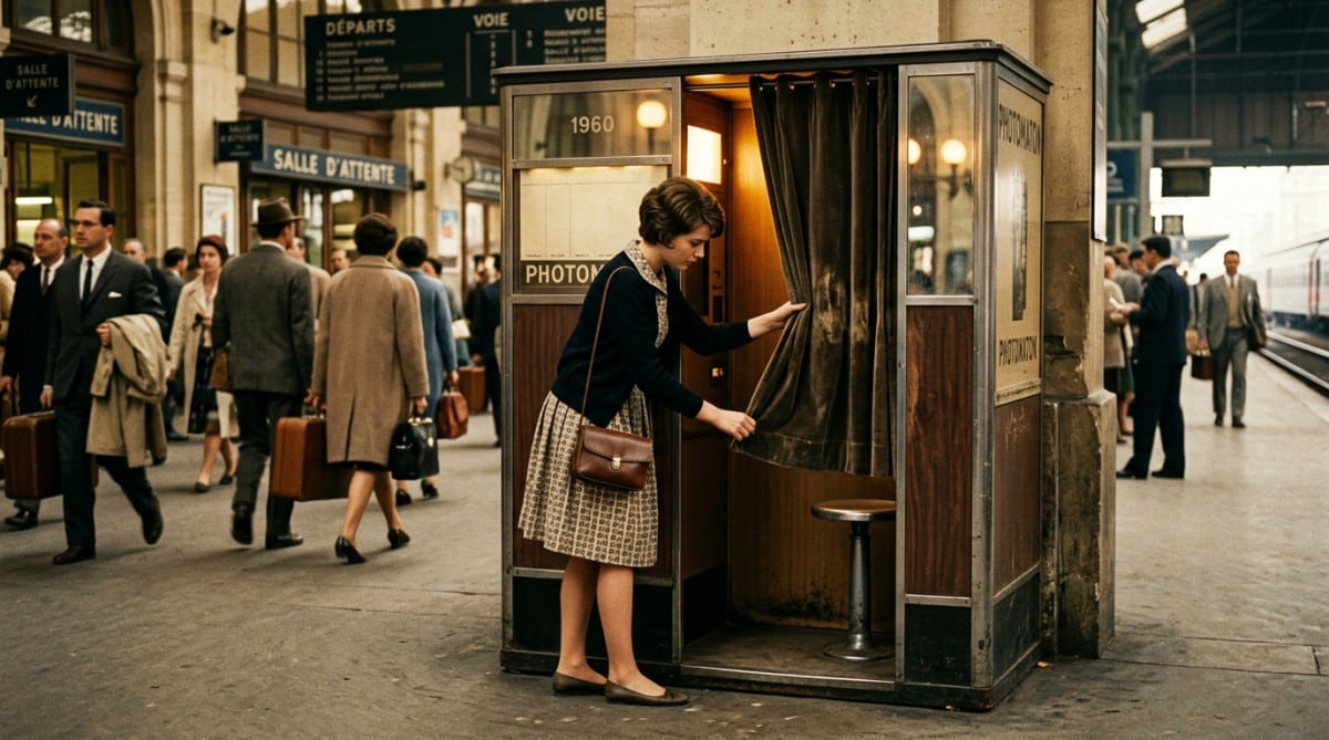 Photomaton vintage rideau tissu gare années 60