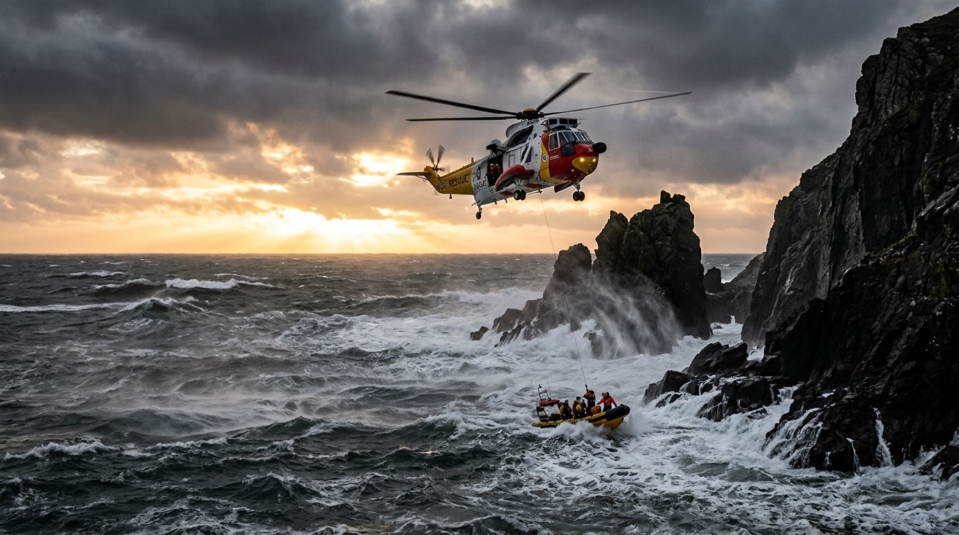 Hélicoptère de secours survolant l'océan près des rochers