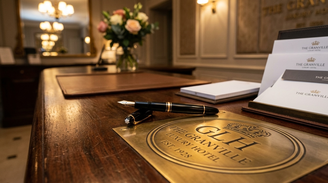 Stylo indice posé sur un comptoir d'hôtel