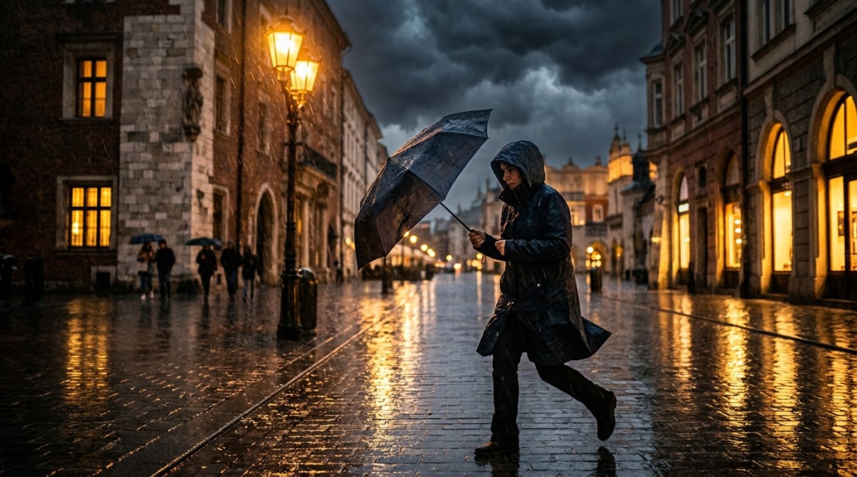 Piéton sous la pluie et l'orage en ville