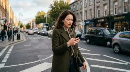 Piéton traversant en regardant son smartphone en ville