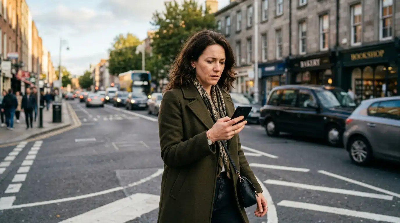Piéton traversant en regardant son smartphone en ville
