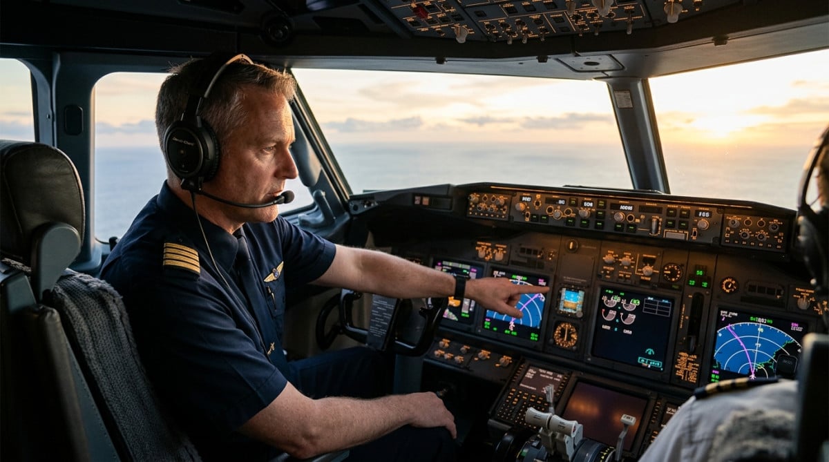 Pilote consultant l'écran de navigation en cockpit