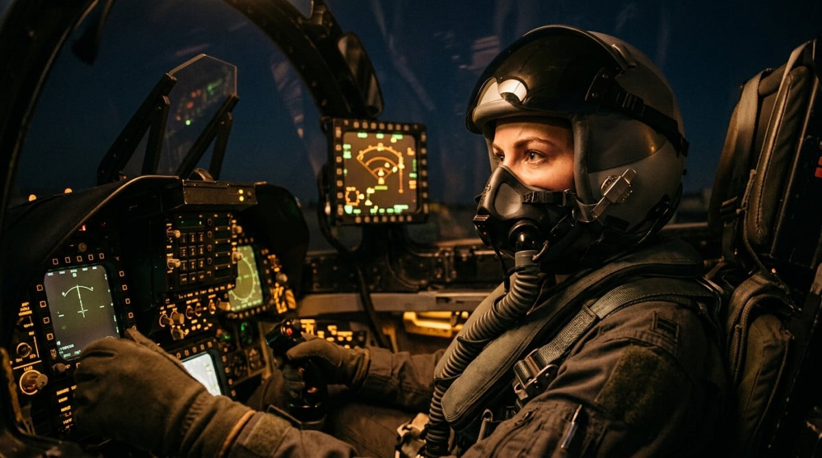 Pilote de chasse concentré dans son cockpit face au radar