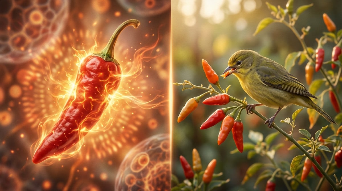 Piment rouge et oiseau mangeant du piment sans réaction