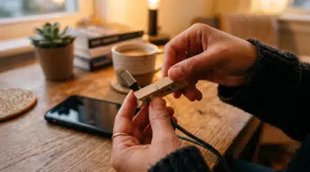 Pince à linge fixée sur un câble de chargeur de téléphone