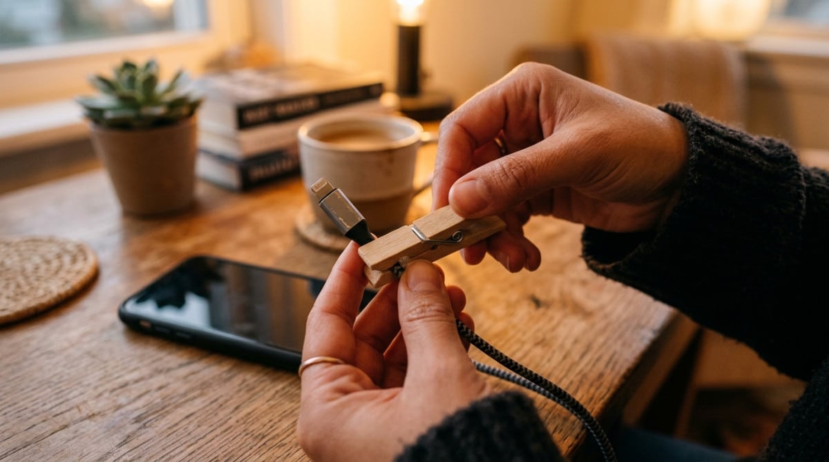 Pince à linge fixée sur un câble de chargeur de téléphone