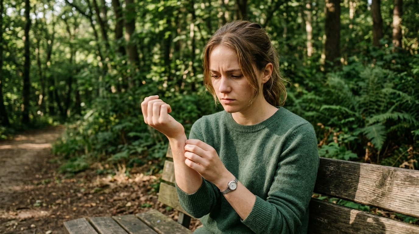 Femme inquiète examinant son bras en forêt