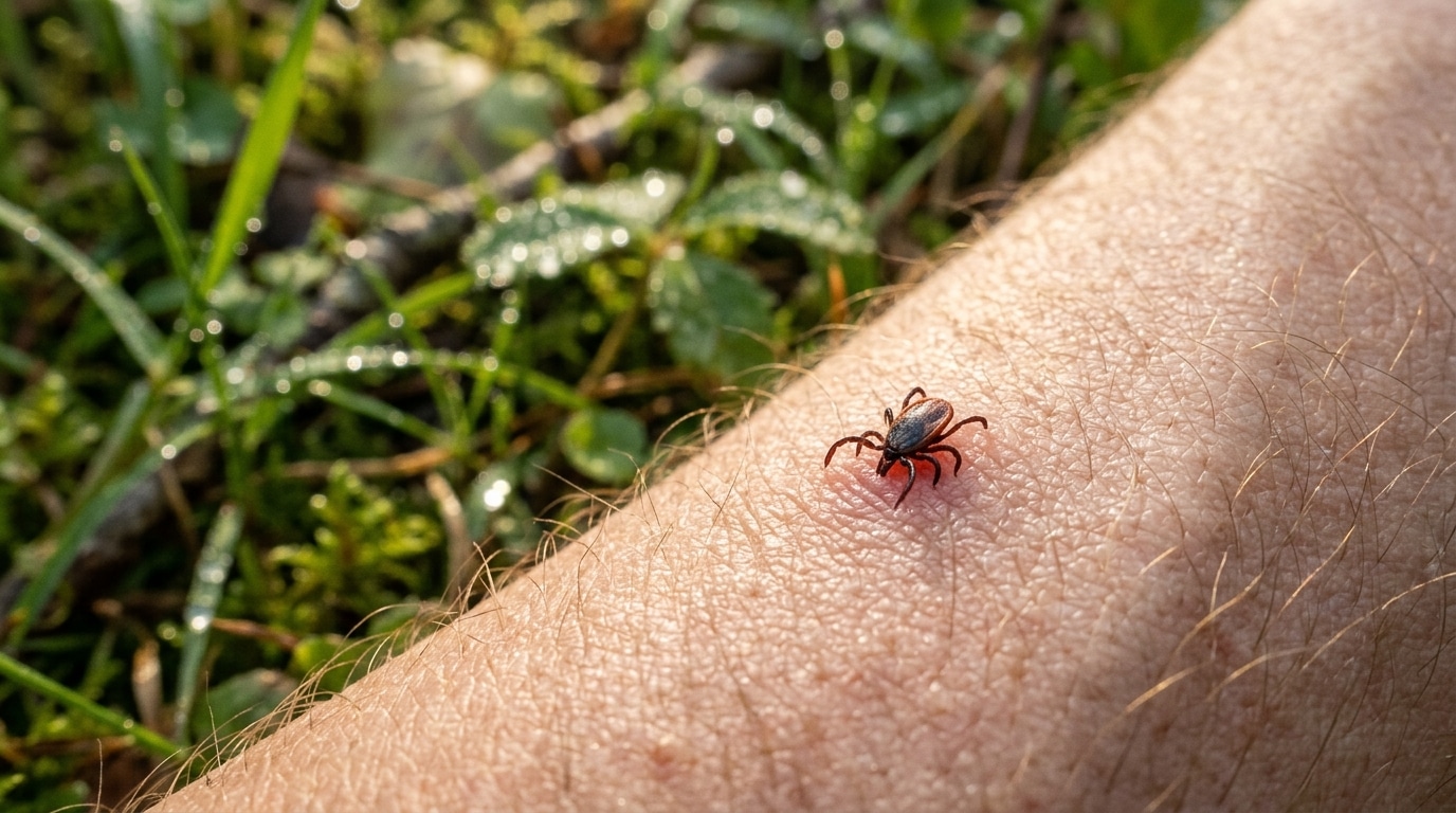 Tique accrochée à la peau dans l'herbe