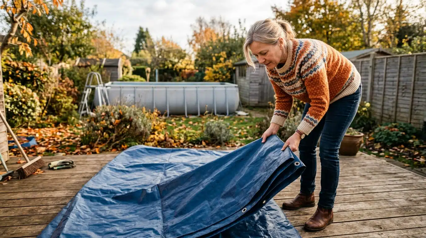 Femme pliant une bâche de piscine hors-sol au jardin
