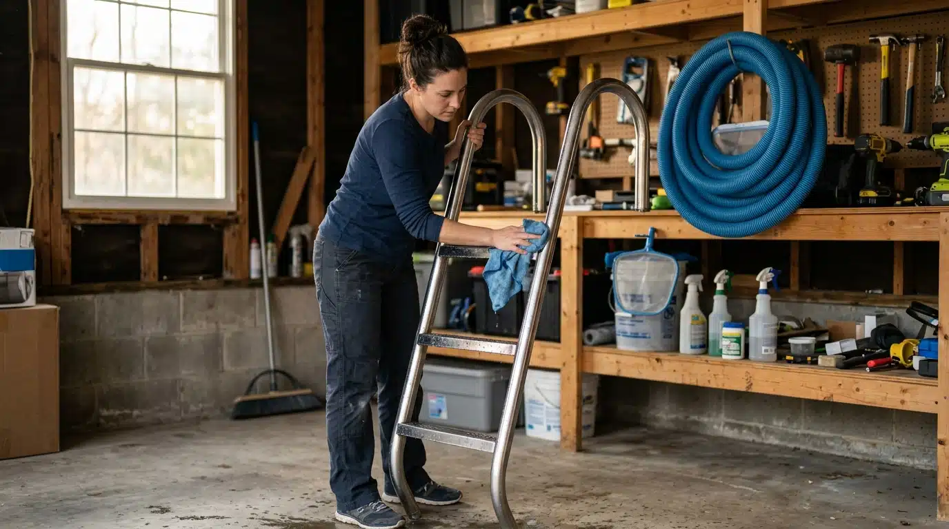 Rangement d'une échelle de piscine dans un garage