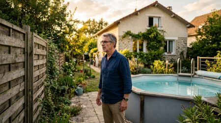 Homme inquiet près de sa piscine hors-sol dans le jardin