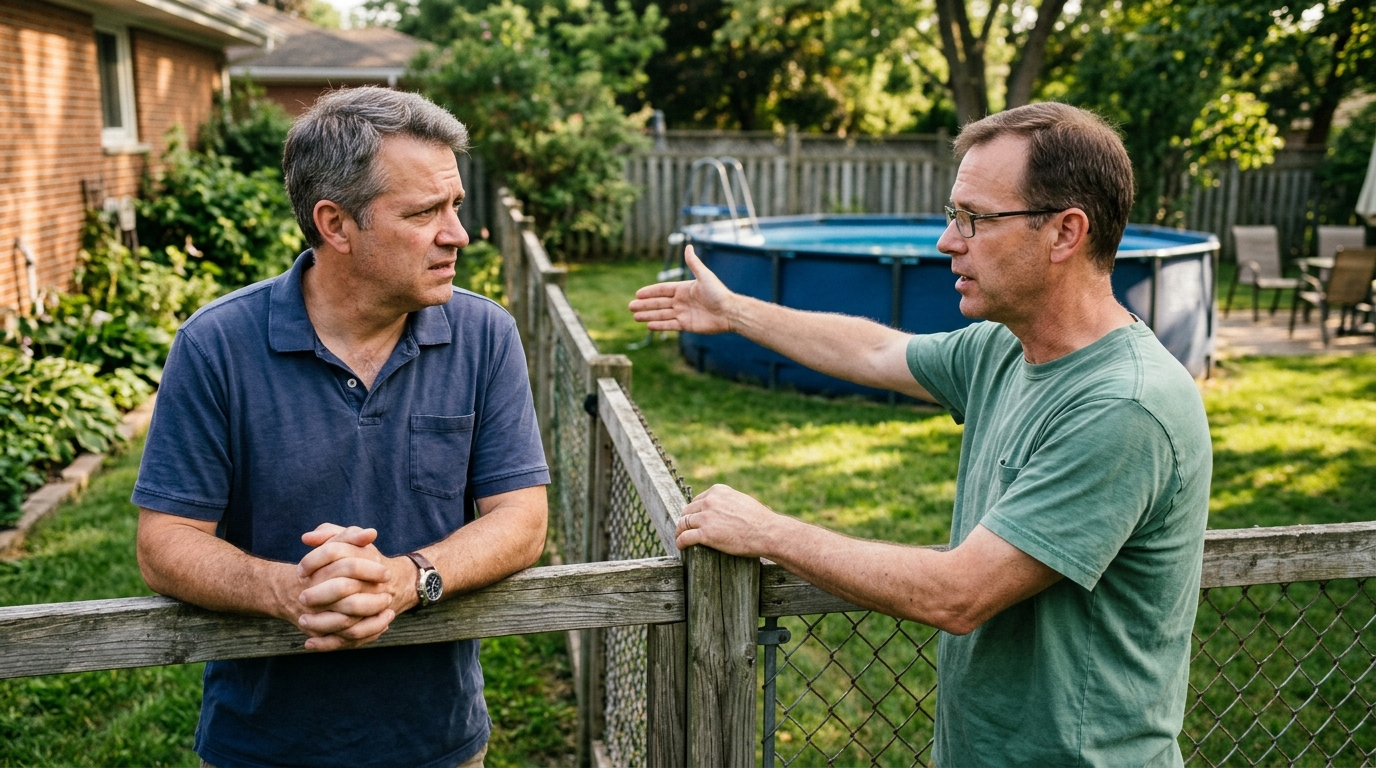 Deux voisins discutent par-dessus une clôture de jardin