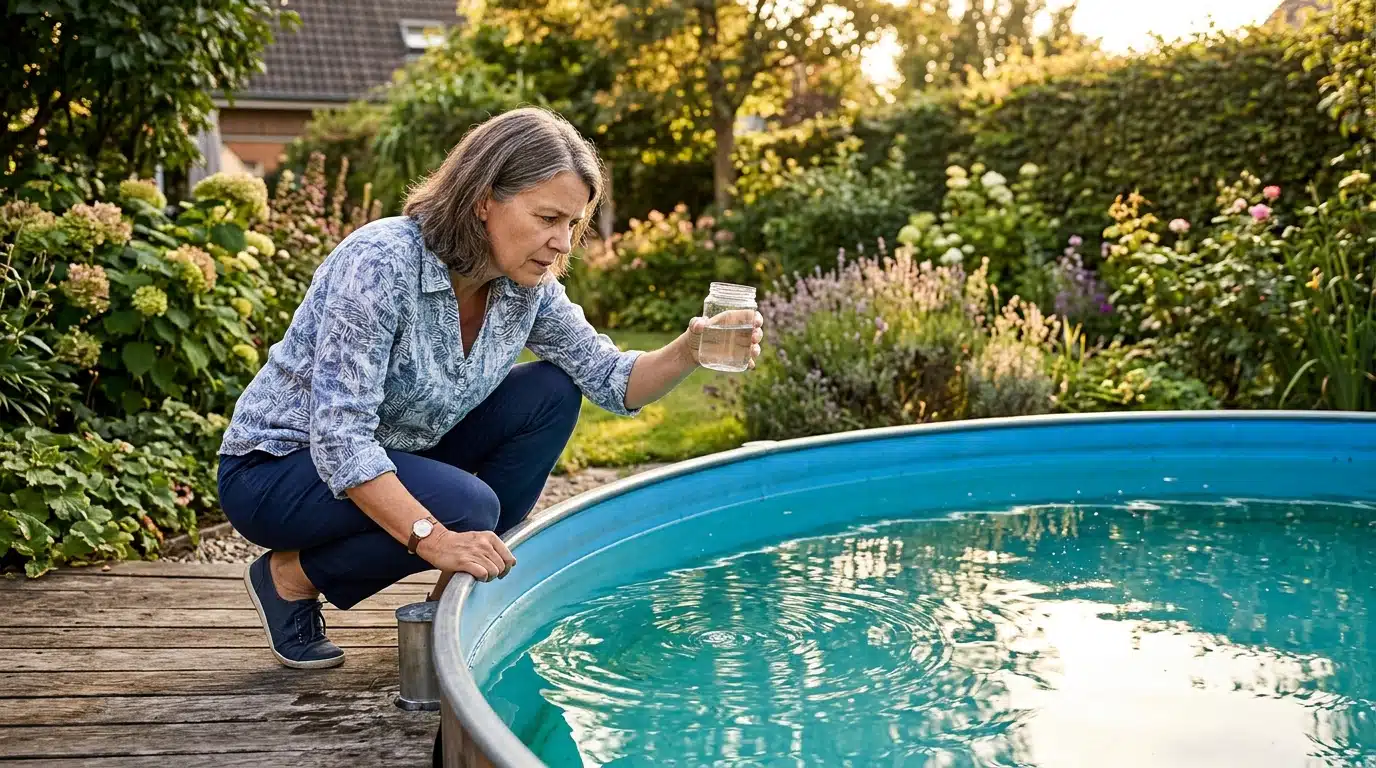 Femme vérifiant l'eau de sa piscine hors-sol en fin d'été