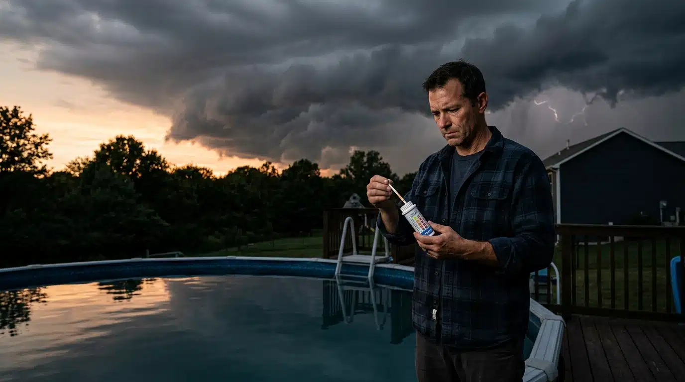 Homme testant le pH de la piscine avant un orage