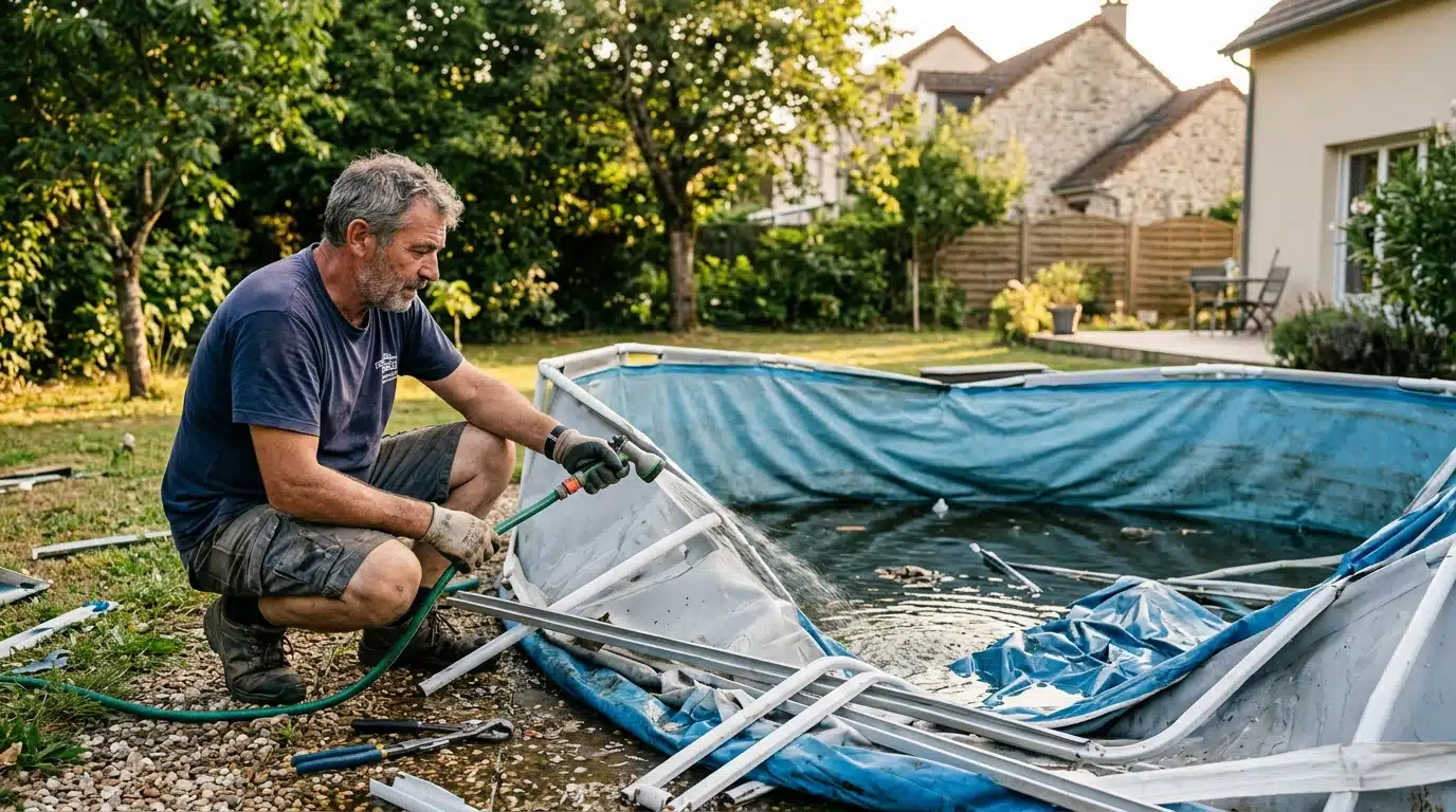 Homme vidangeant une piscine hors-sol dans son jardin