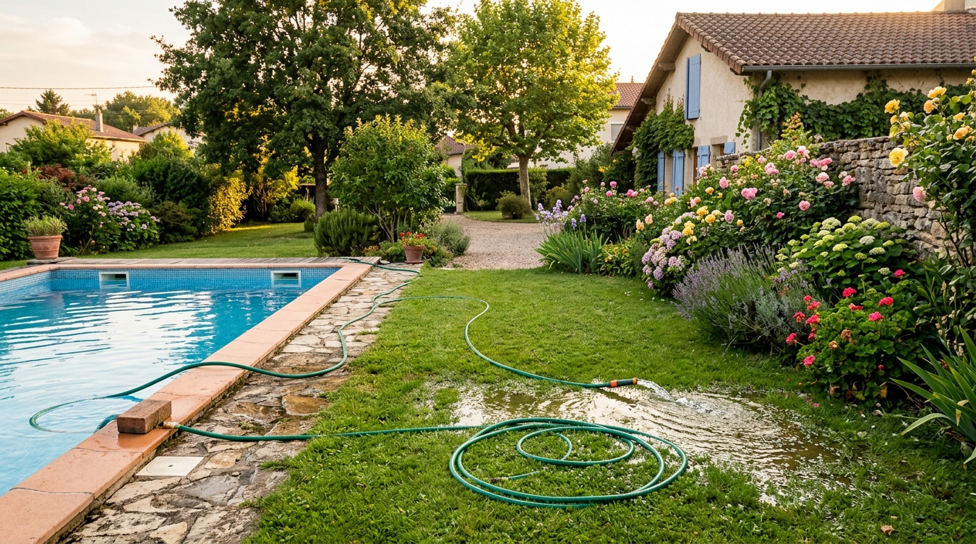 Tuyau évacuant l'eau de piscine vers la pelouse