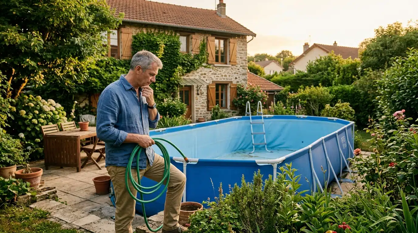 Homme regardant une piscine hors-sol vide dans son jardin