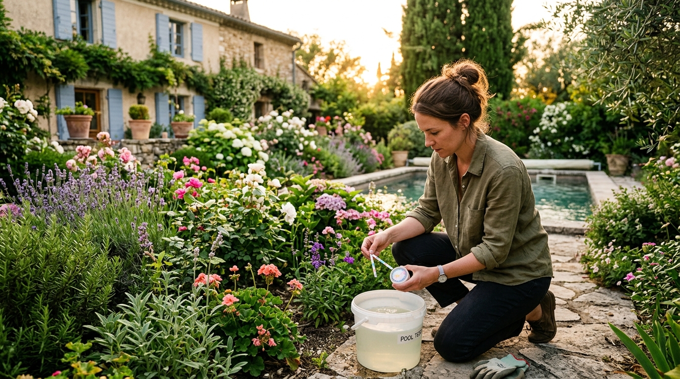 Femme testant le taux de chlore de l'eau de piscine
