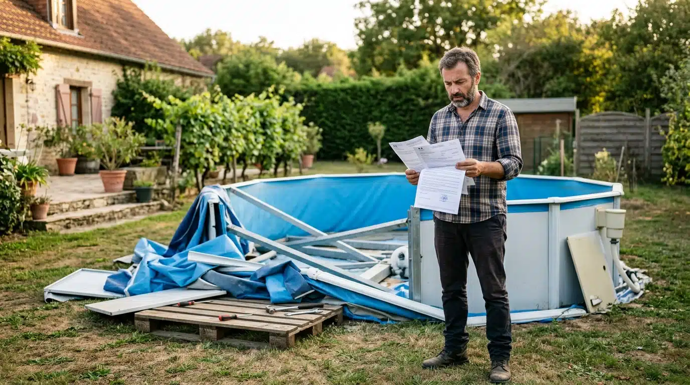Propriétaire inquiet devant sa piscine hors-sol démontée