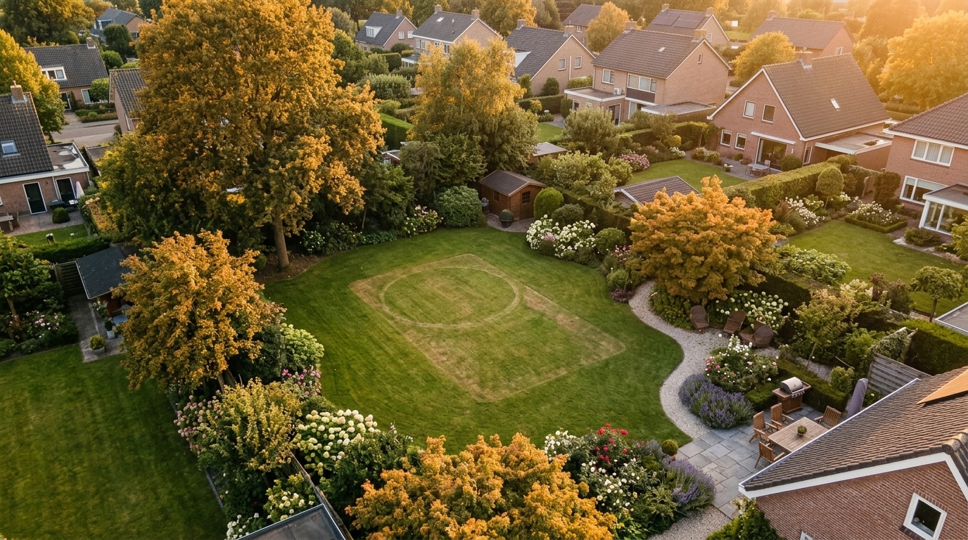 Vue aérienne d'un jardin avec traces d'une piscine disparue