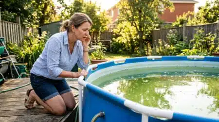 Femme inquiète devant une piscine hors-sol à l'eau verte