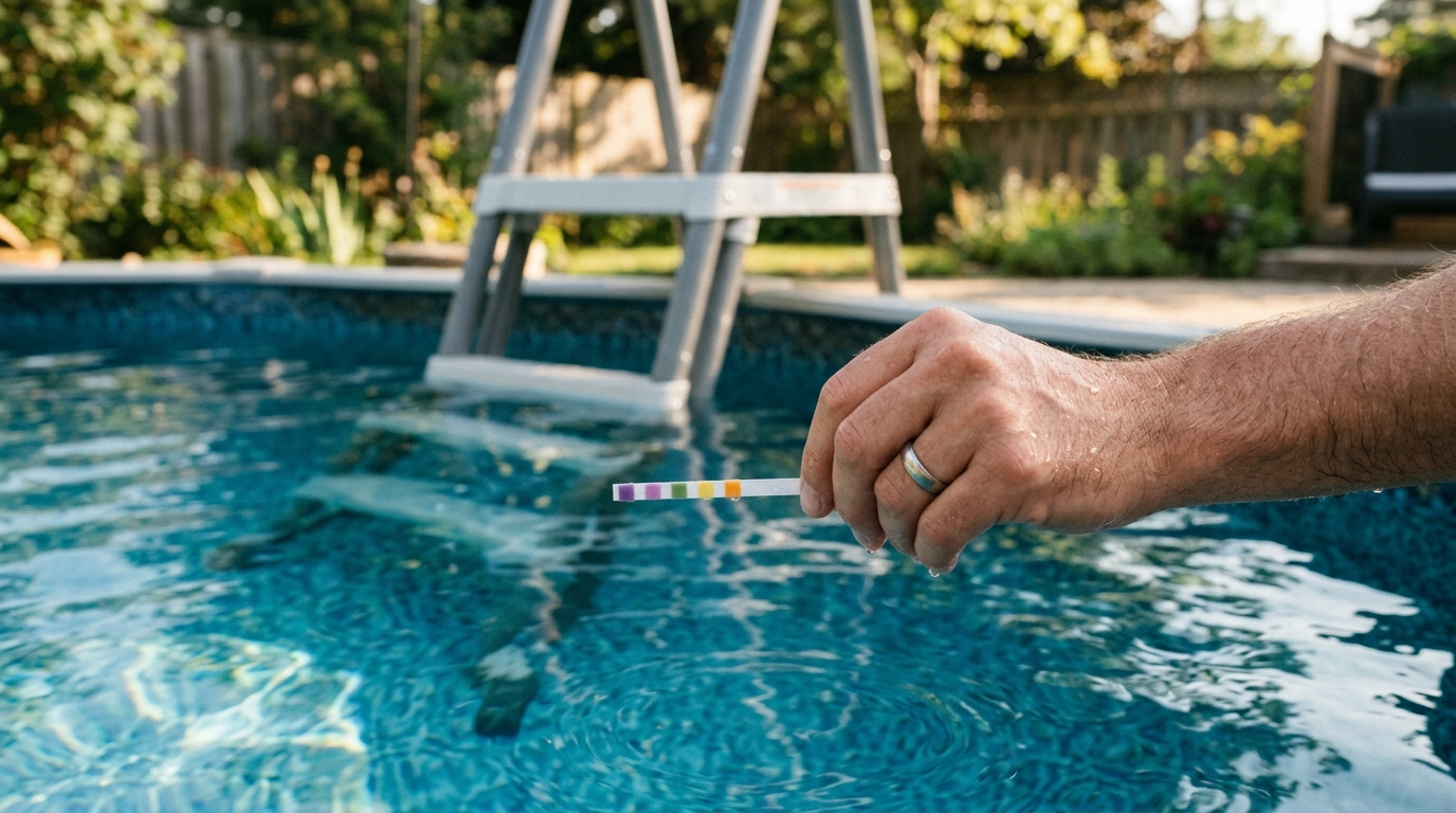 Main tenant une bandelette de test pH près de la piscine